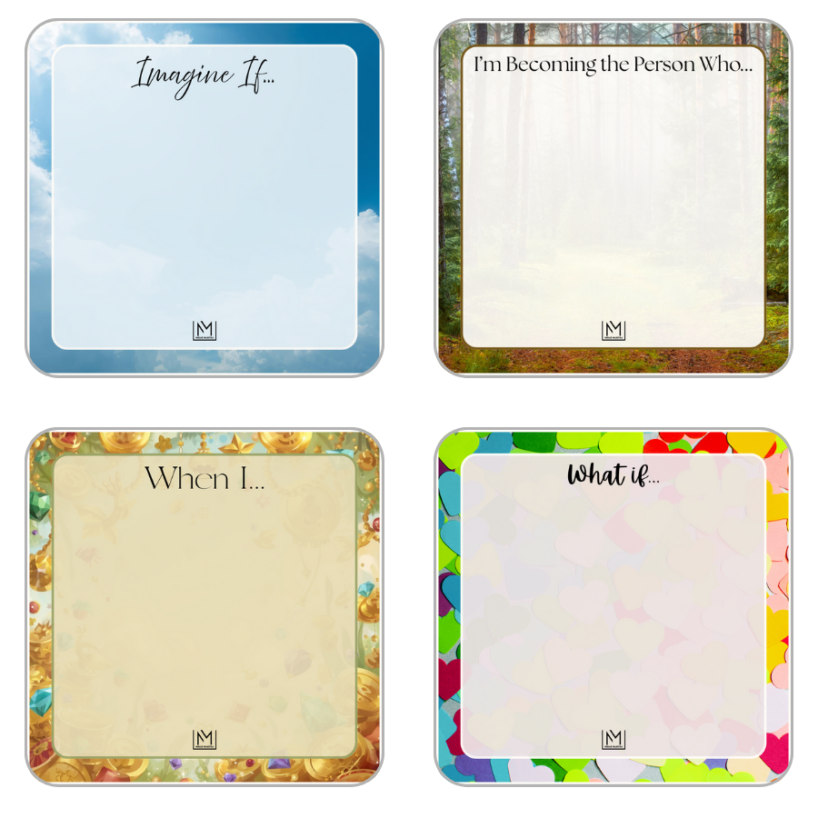 Four colorful notepads with motivational phrases and brand logo. Mirae Mantra mirror affirmation sticker