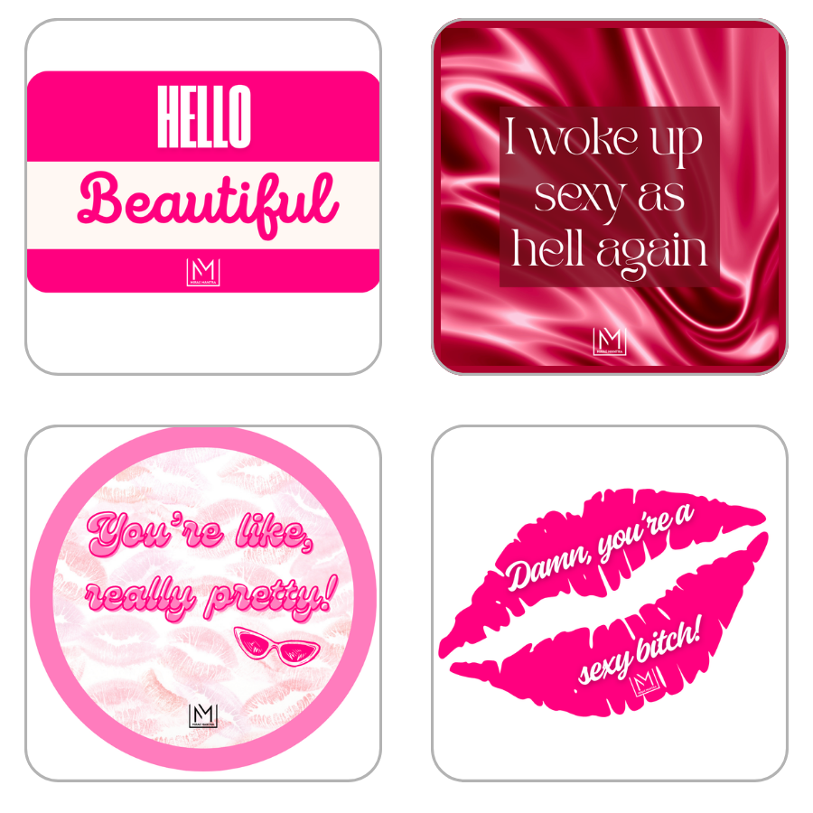Four pink and white product cards with various phrases and designs. Mirae Mantra mirror affirmation sticker