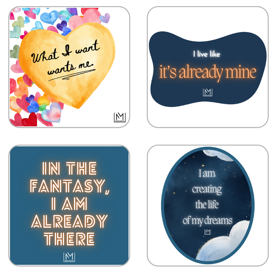 Four motivational posters with inspirational quotes on a white background. Mirae Mantra mirror affirmation sticker