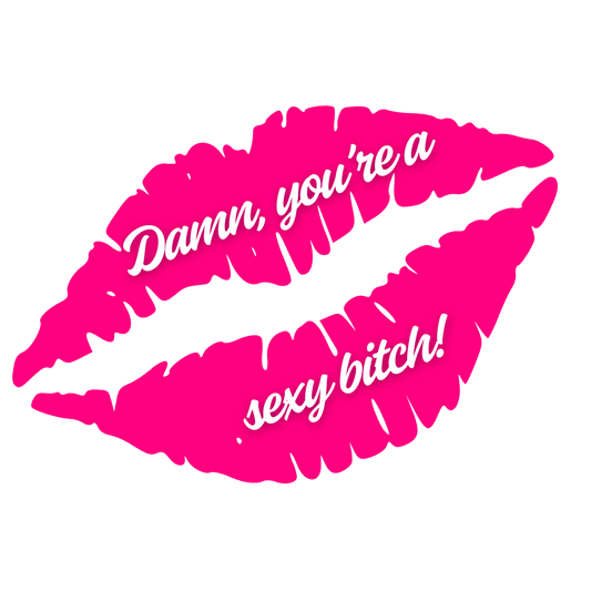 Pink lipstick kiss mark with white text that says "Damn you're a sexy bitch" on a white background. Mirae Mantra mirror affirmation sticker