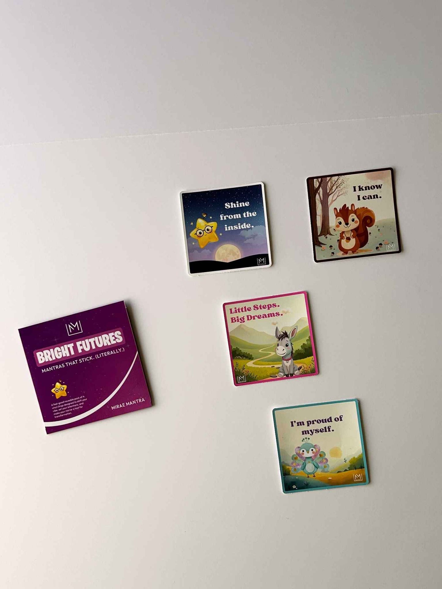 Set of four growth mindset affirmations for kids mirror stickers from the Mirae Mantra Kids Bright Futures Pack with packaging
