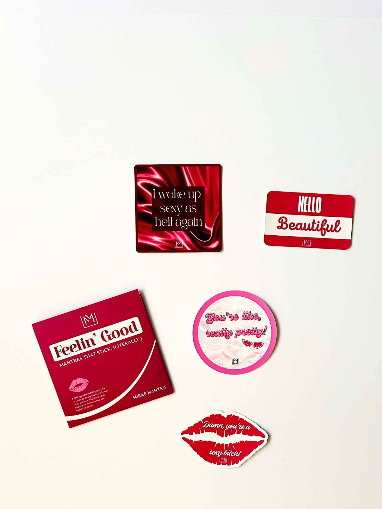 Set of four self-love mirror stickers from the Feelin’ Good Pack by Mirae Mantra with packaging