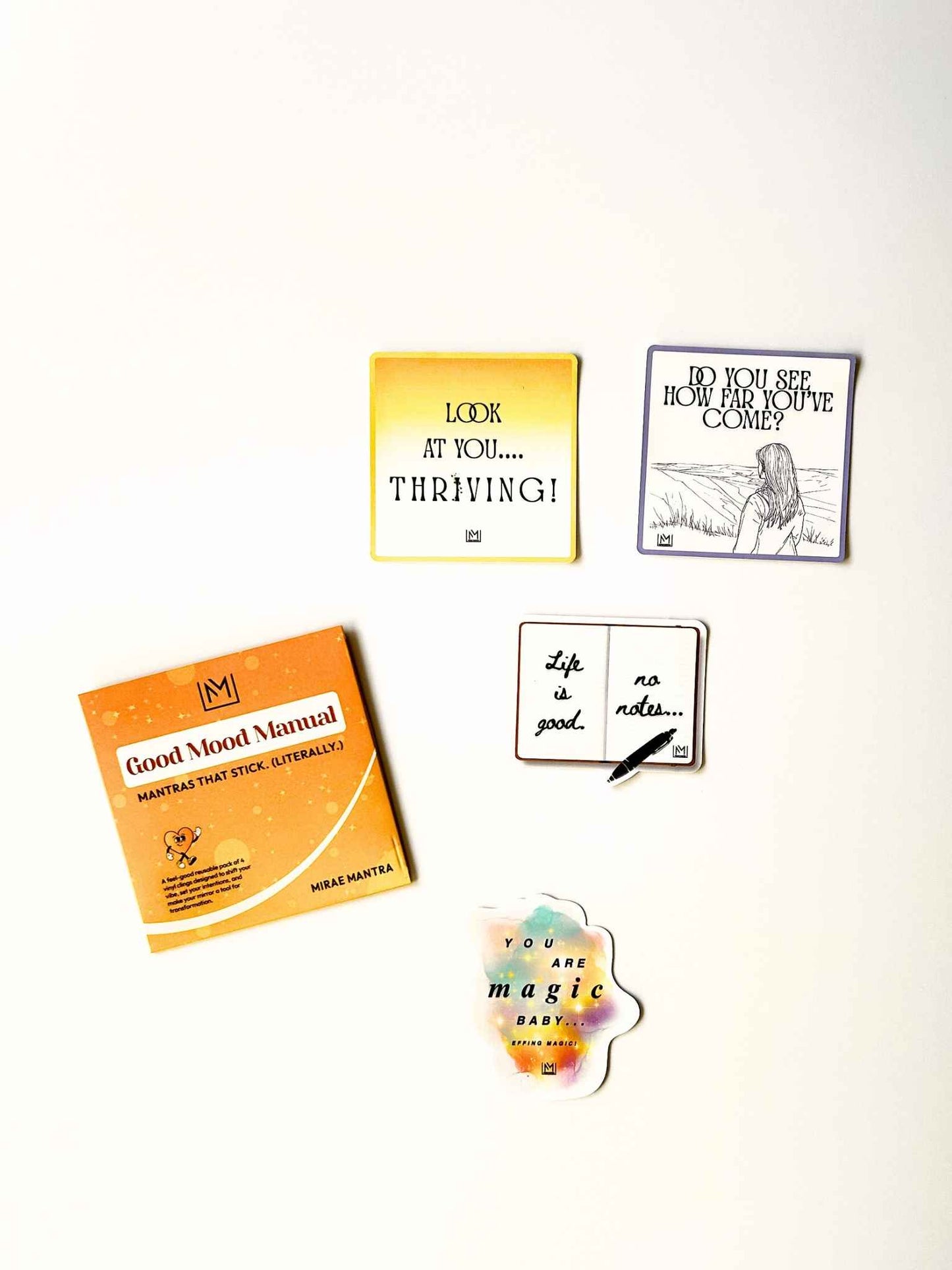 Four-piece set of positive mirror affirmations from the Good Mood Manual Pack with packaging