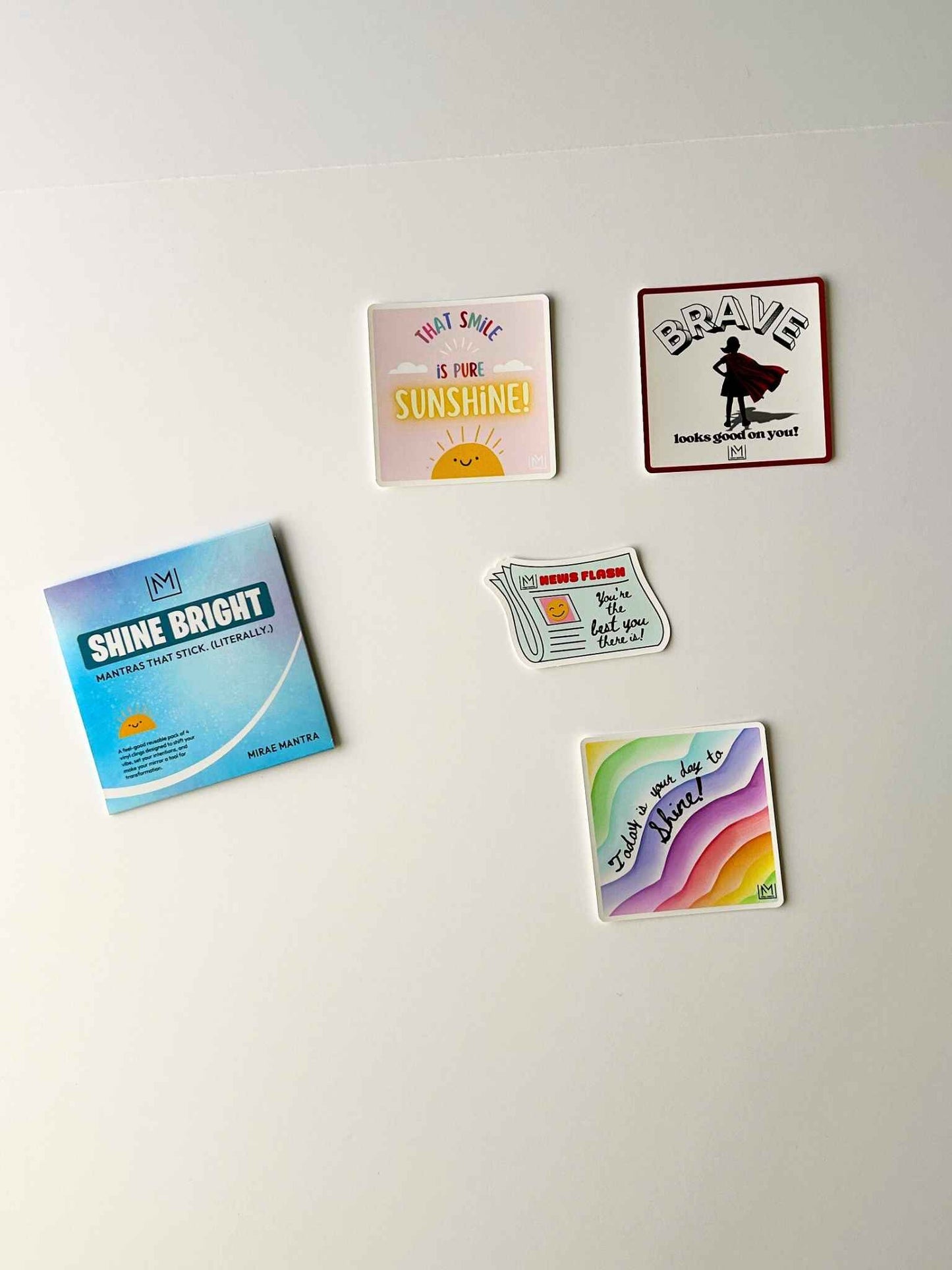 Set of four kids confidence affirmation mirror stickers from the Mirae Mantra Kids Shine Bright Pack with packaging