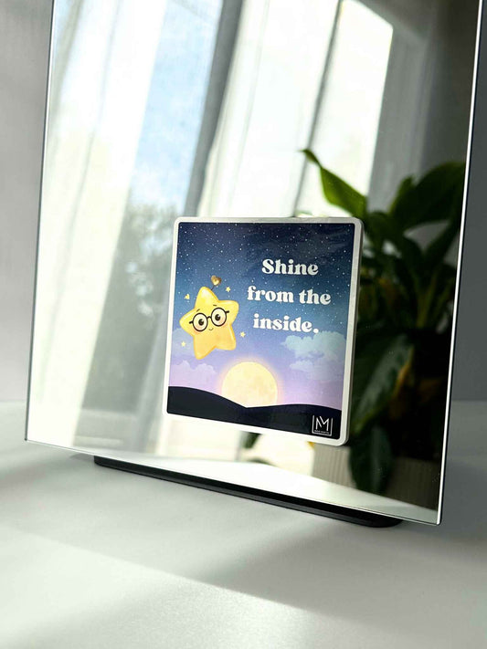 Kids growth mindset affirmation mirror sticker with a star illustration and the words “Shine from the inside”
