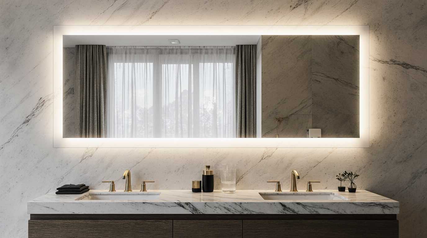 Modern bathroom with a large illuminated mirror above a marble countertop.