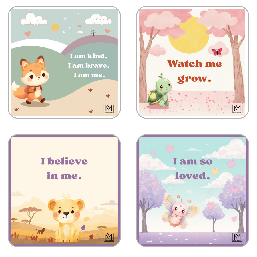 Four motivational cards with animals and encouraging phrases on a white background. Kids positive mantra vinyl pack – Mirae Kids