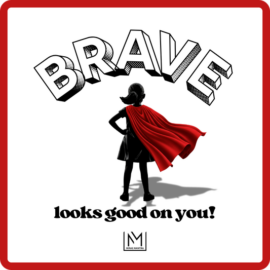 Silhouette of a girl in a red cape with 'BRAVE' text and 'looks good on you!' message. Kids positive mantra vinyl pack – Mirae Kids