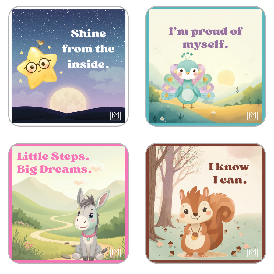 Four motivational cards with animal illustrations and encouraging phrases. Kids positive mantra vinyl pack – Mirae Kids