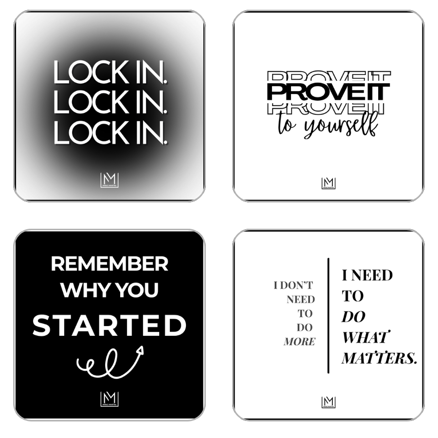 Four motivational coasters with text on a white background. Mirae Mantra mirror affirmation sticker