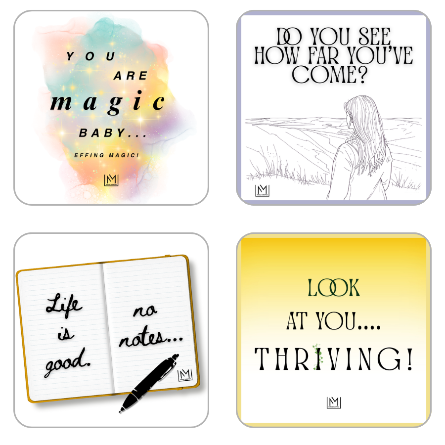 Set of four motivational cards with inspirational quotes and illustrations. Mirae Mantra mirror affirmation sticker