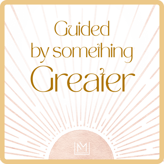 Motivational quote 'Guided by something Greater' with a sunburst design and gold border on a white background. Mirae Mantra mirror affirmation sticker