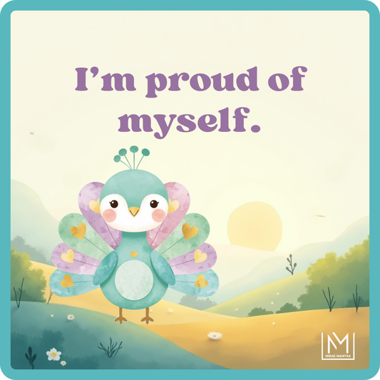 Illustration of a cartoon peacock with a motivational quote on a scenic background. Kids positive mantra vinyl pack – Mirae Kids