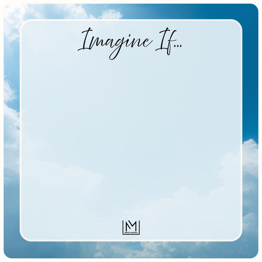 Blank album cover with 'Imagine If...' text and a logo, set against a blue sky background. Mirae Mantra mirror affirmation sticker.
