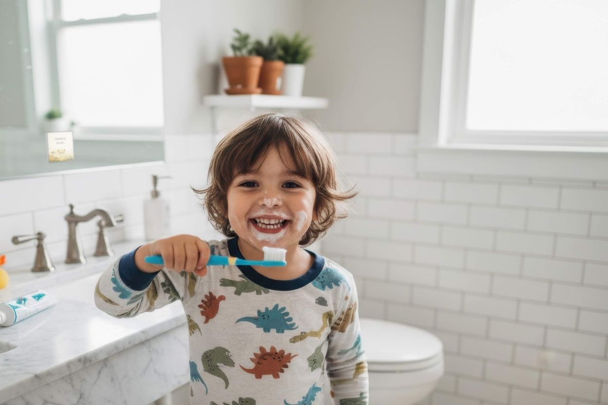 Child in a dinosaur-themed outfit brushing teeth in a bathroom, with Mirae Mantra on the mirror