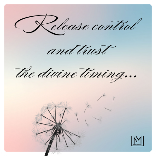 Dandelion with inspirational quote that says "Release control and trust the divine timing" on a gradient background. Mirae Mantra mirror affirmation sticker
