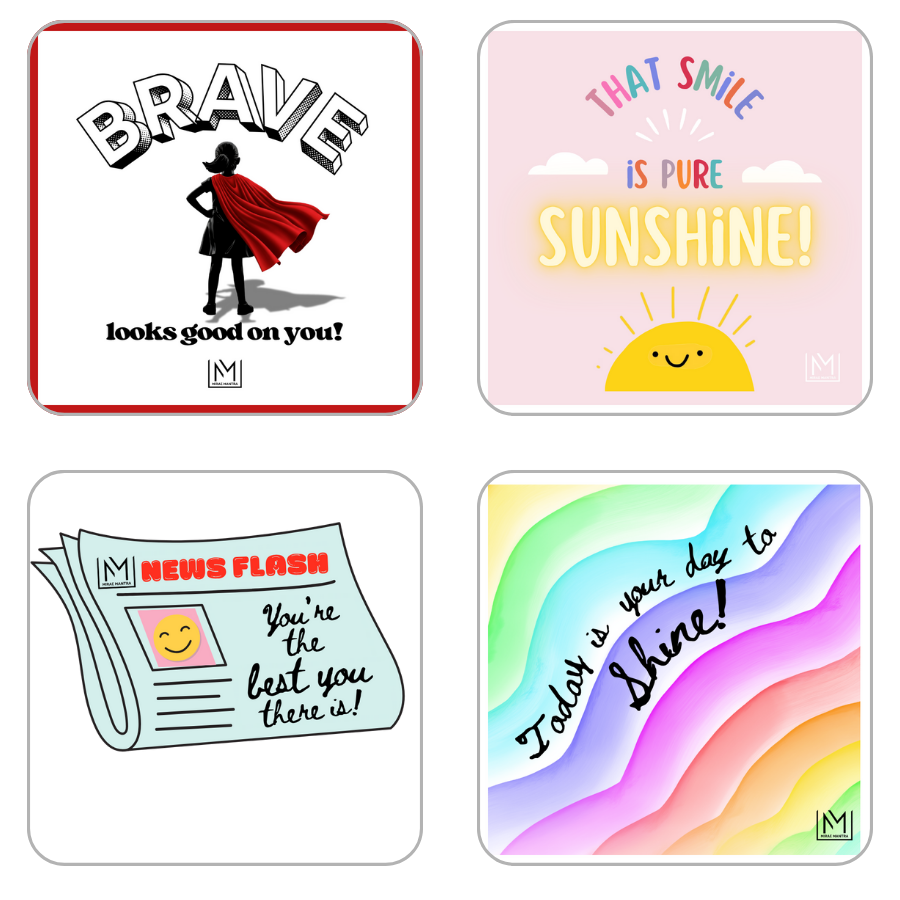 Includes 4 squares, with each square showing a unique Mirae Mantra, including, "Brave looks good on you!", "That smile is pure sunshine!", "News Flash: You're the best you there is!", and "Today is your day to shine!" Kids positive mantra vinyl pack – Mirae Kids