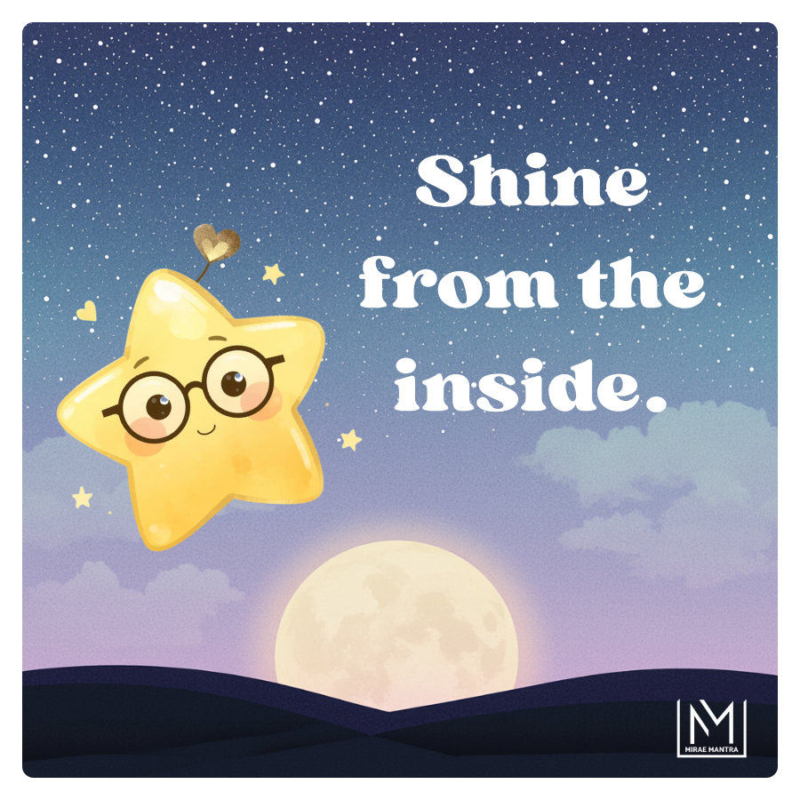 Cartoon star with glasses against a night sky with moon and stars, featuring the text 'Shine from the inside.' Kids positive mantra vinyl pack – Mirae Kids