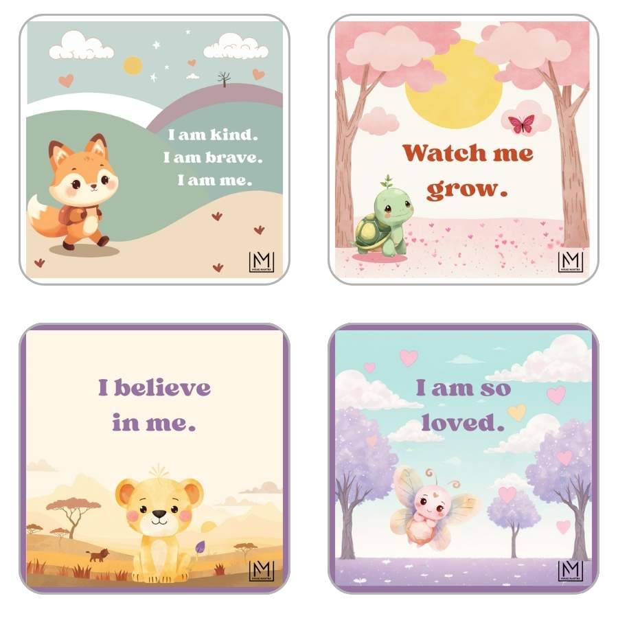 Set of four growth affirmations for kids mirror stickers from the Mirae Mantra Kids Becoming Me Pack