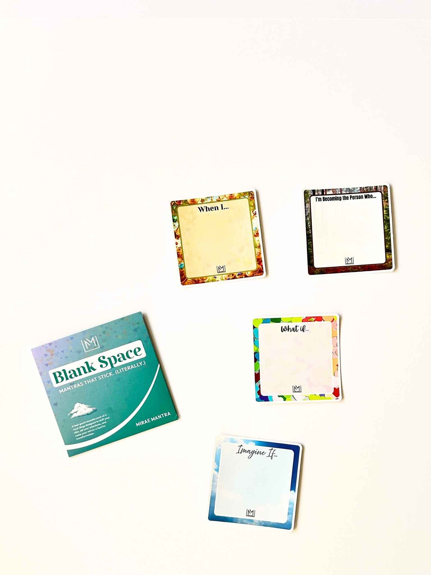 Set of four customizable mirror affirmations from the Blank Space Pack with packaging