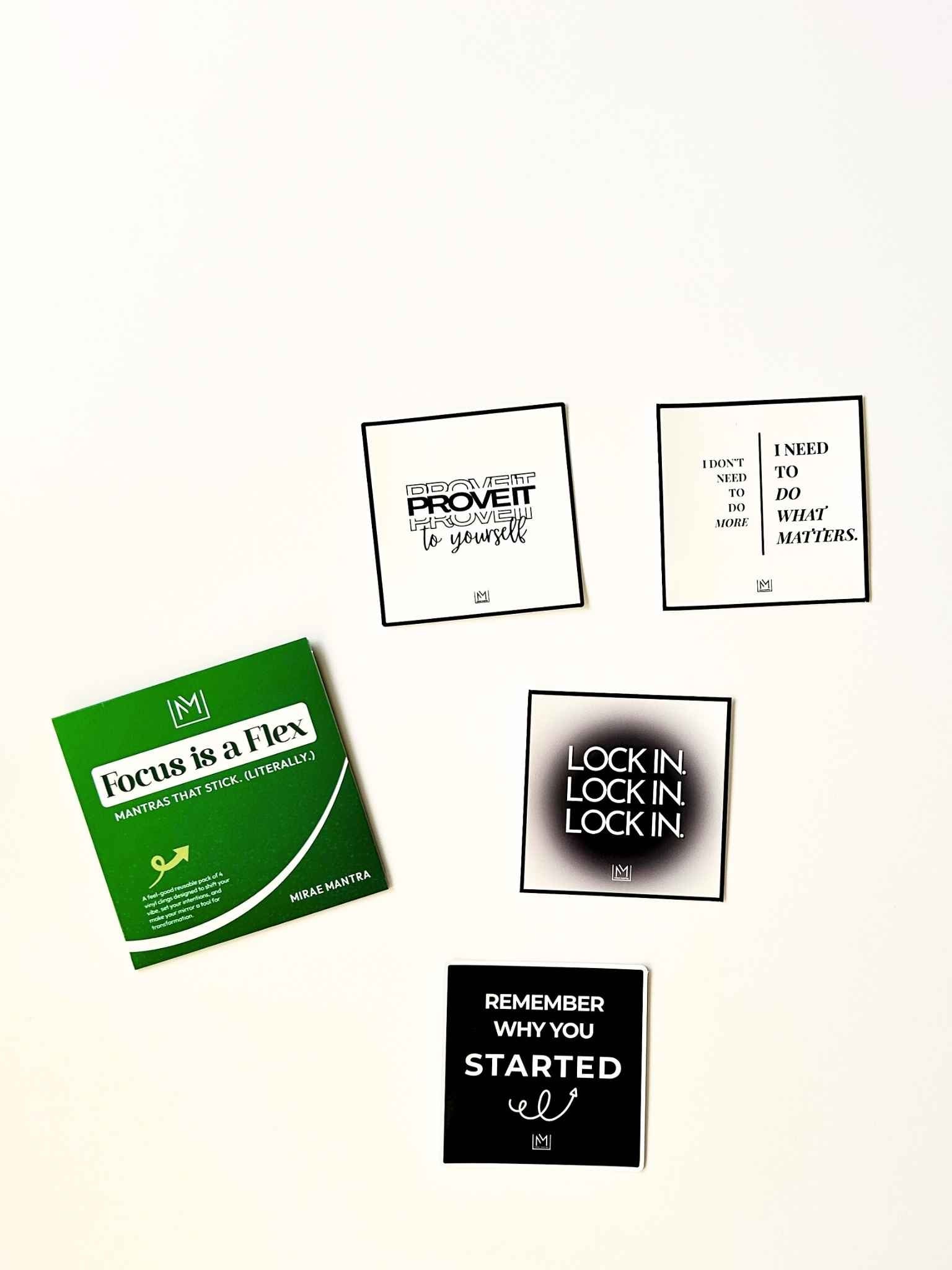 Four-piece set of focus affirmation stickers from the Focus Is a Flex Pack with packaging