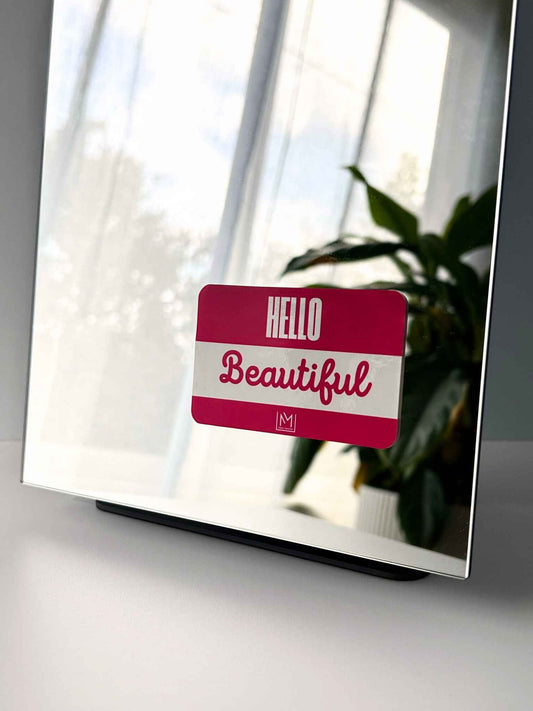 Pink and white Hello Beautiful self-love mirror sticker by Mirae Mantra