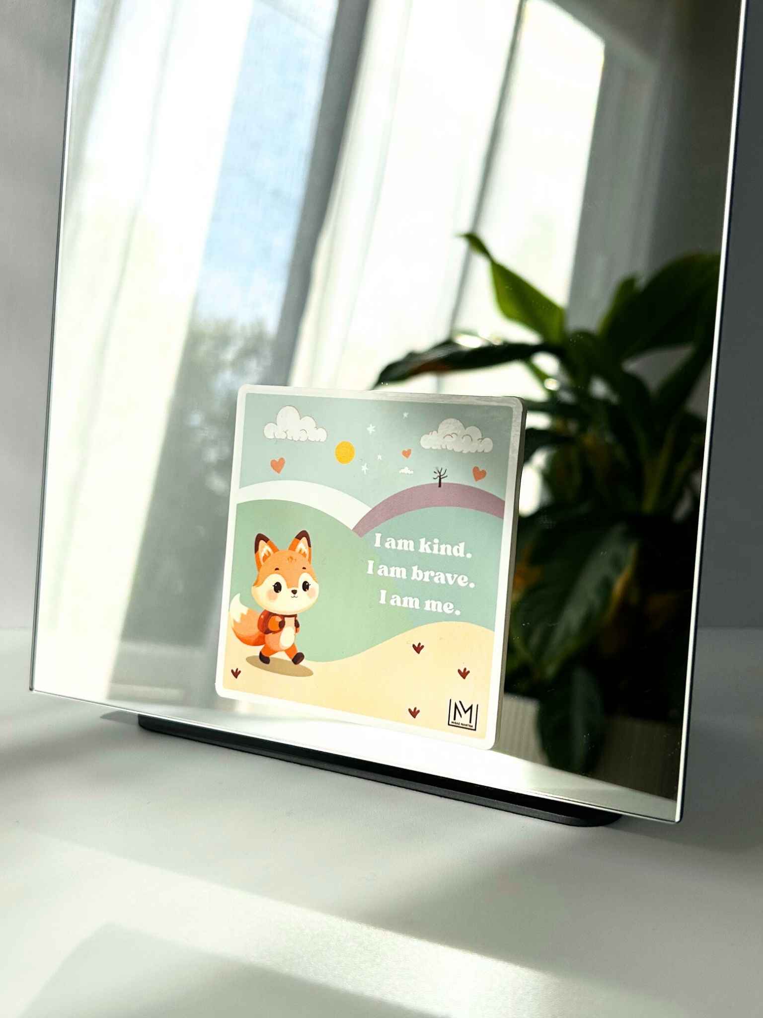 Growth affirmation for kids mirror sticker featuring a fox and the words “I am kind, I am brave, I am me”