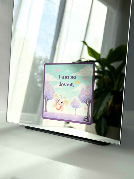 Growth affirmation sticker for kids showing a butterfly illustration with the message “I am so loved”