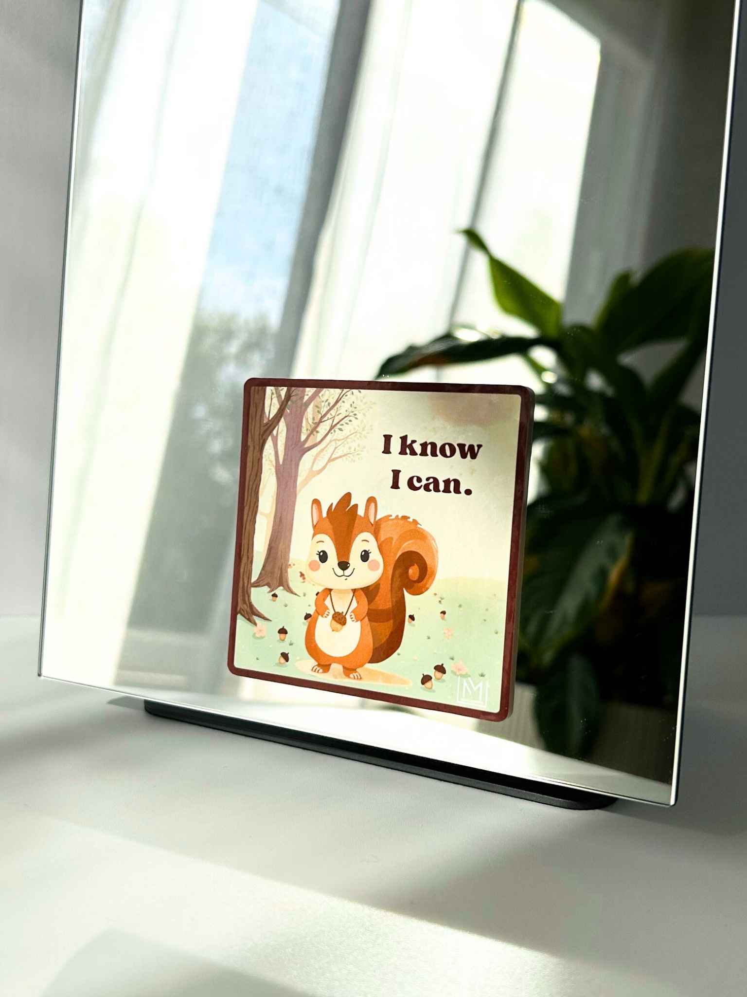 Growth mindset affirmation for kids mirror sticker showing a squirrel with the words “I know I can”