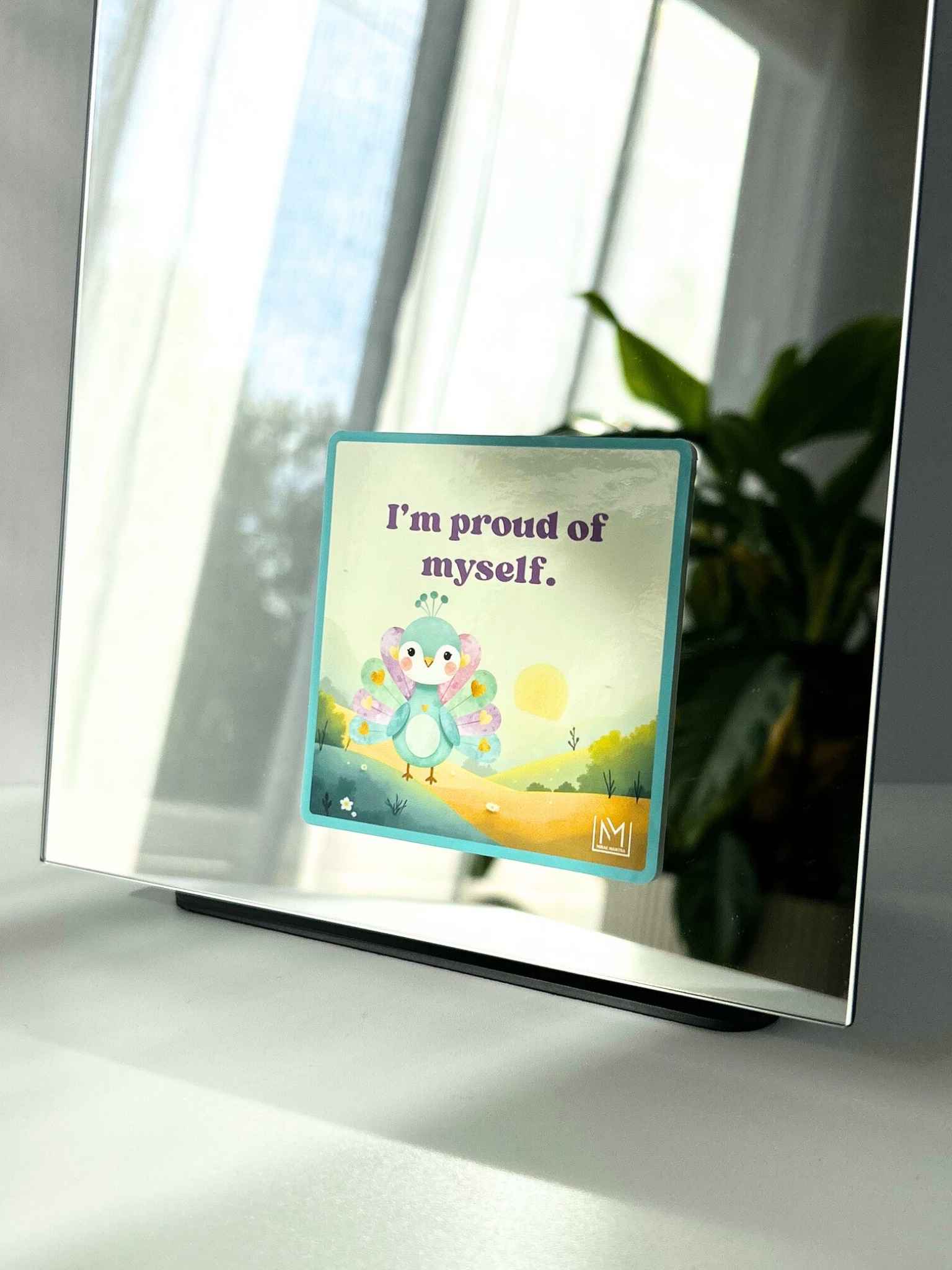 Kids growth mindset affirmation sticker featuring a peacock illustration and the phrase “I’m proud of myself”