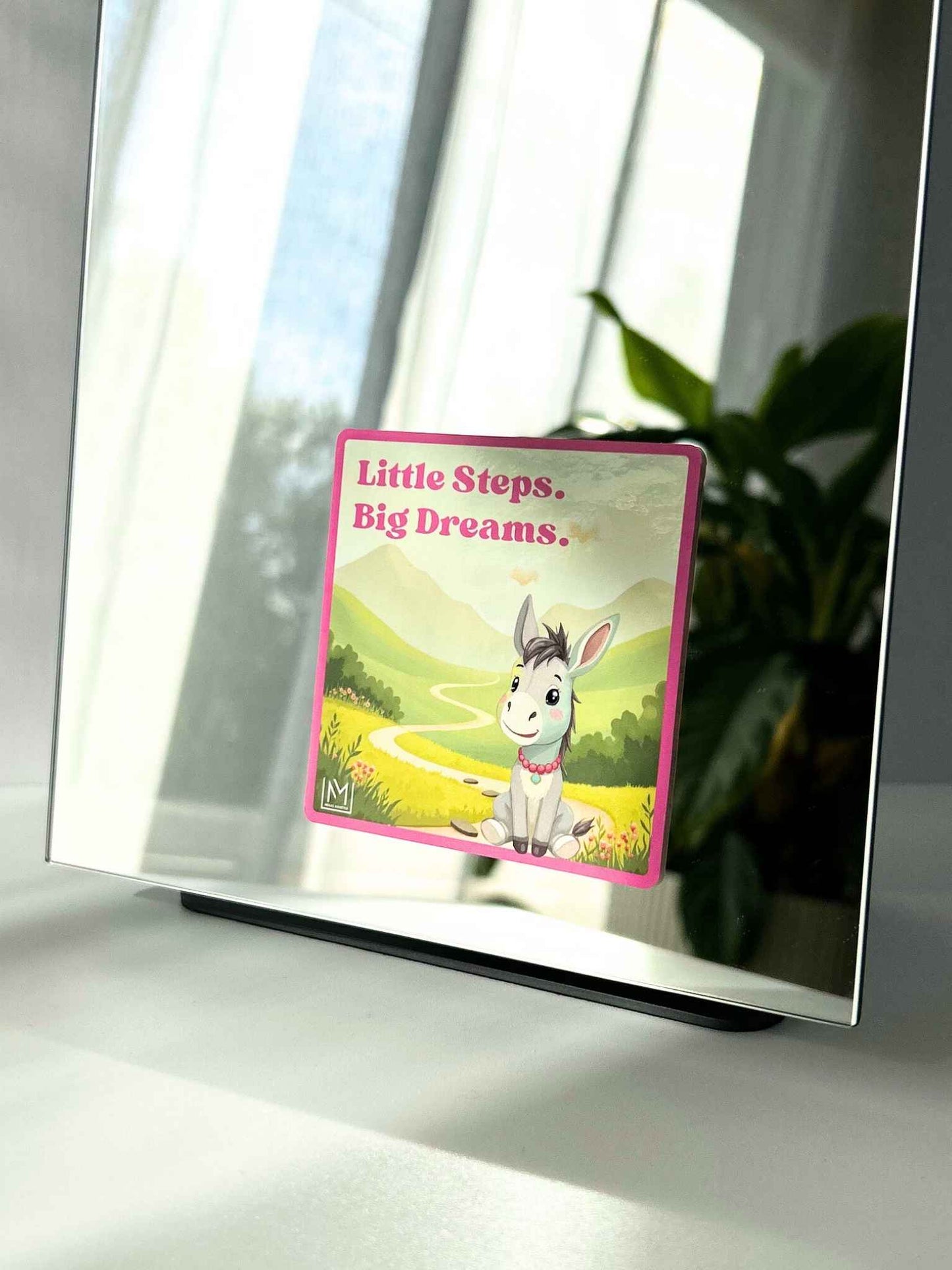 Growth mindset affirmation for kids with a donkey illustration and the message “Little steps. Big dreams.”