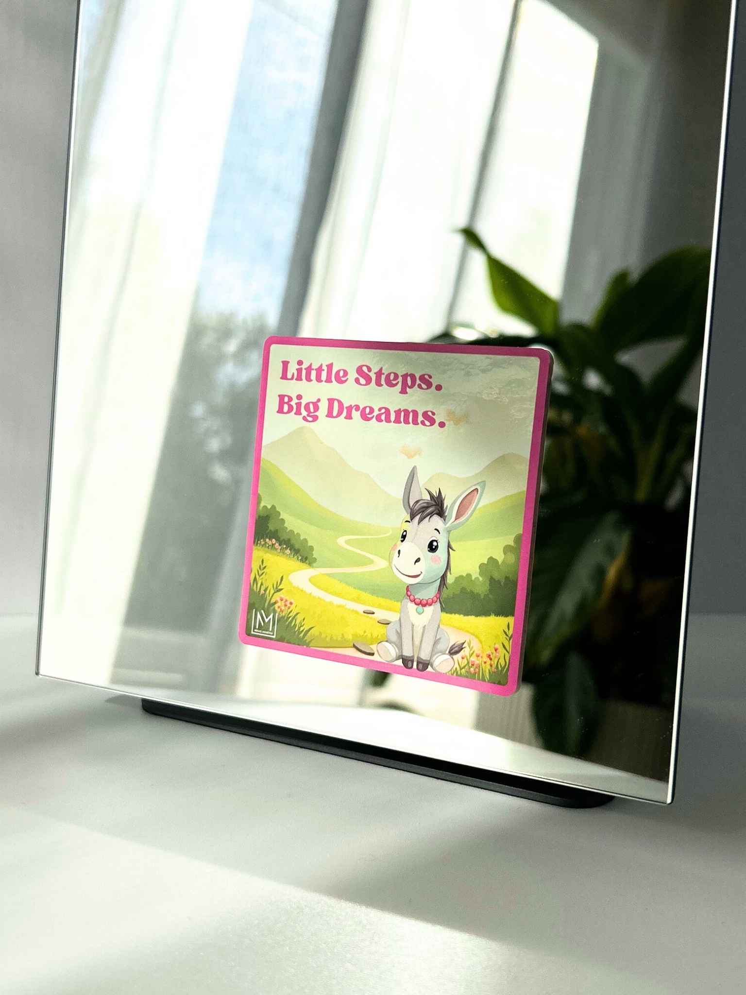 Growth mindset affirmation for kids with a donkey illustration and the message “Little steps. Big dreams.”