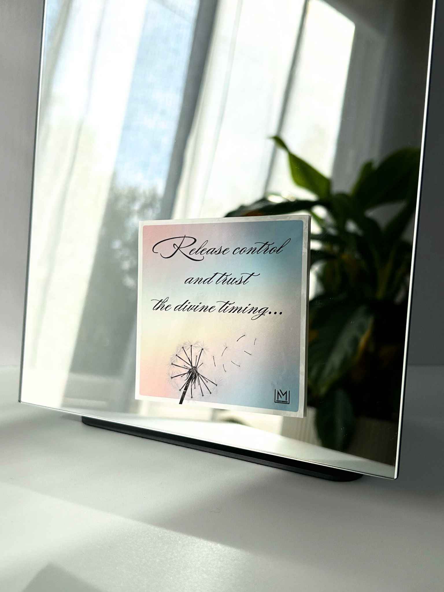 Faith-based mirror affirmation reading "Release control and trust the divine timing" on a gradient background. 