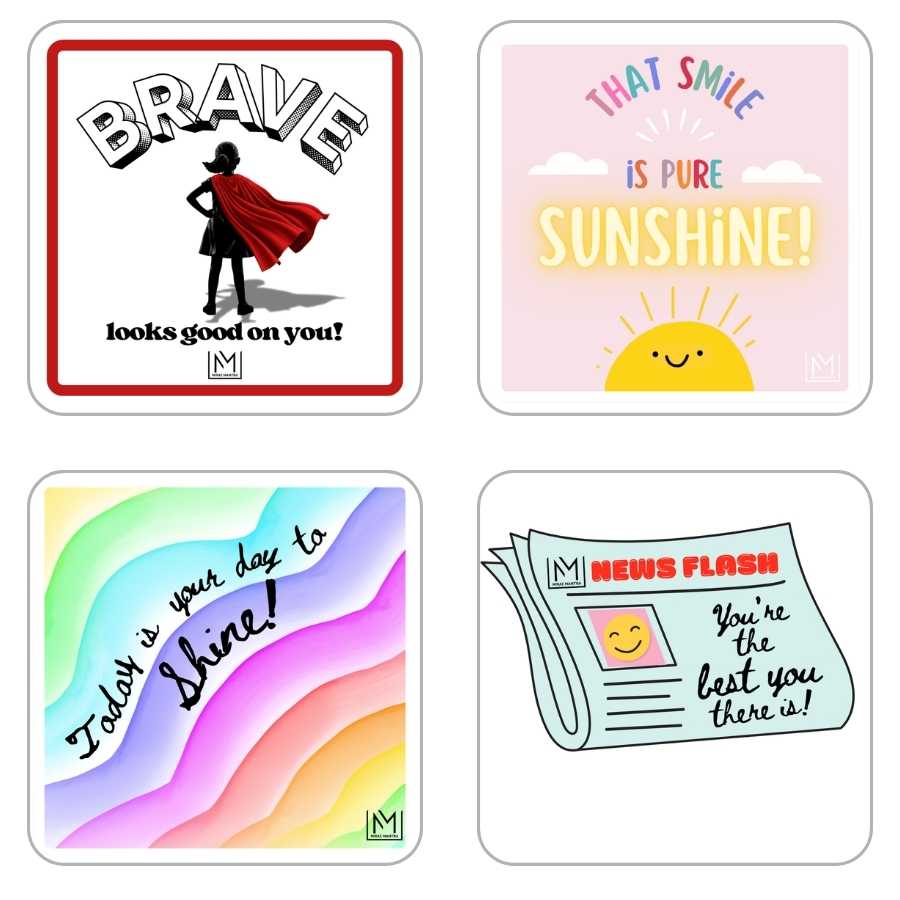 Set of four kids confidence affirmation mirror stickers from the Mirae Mantra Kids Shine Bright Pack