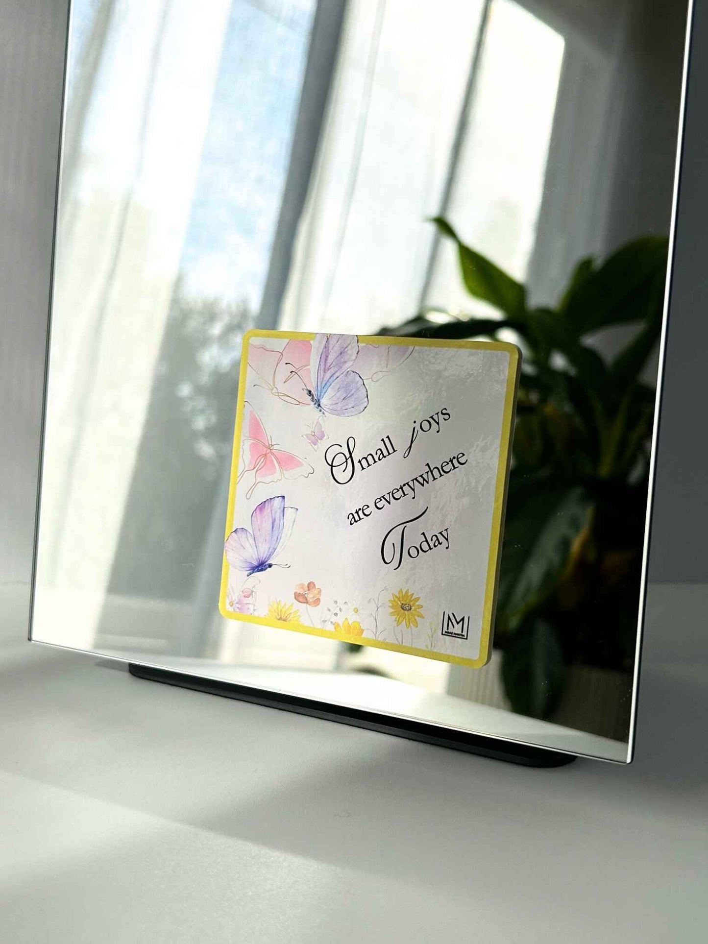 Soft faith-based mirror affirmation reading “Small joys are everywhere today”