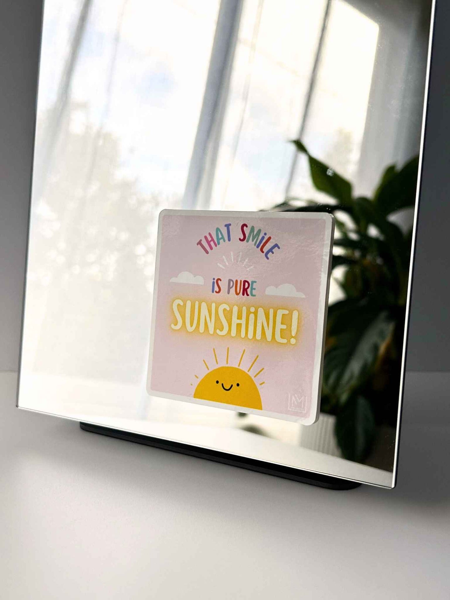 Kids confidence affirmation sticker featuring a smiling sun and the phrase “That smile is pure sunshine”