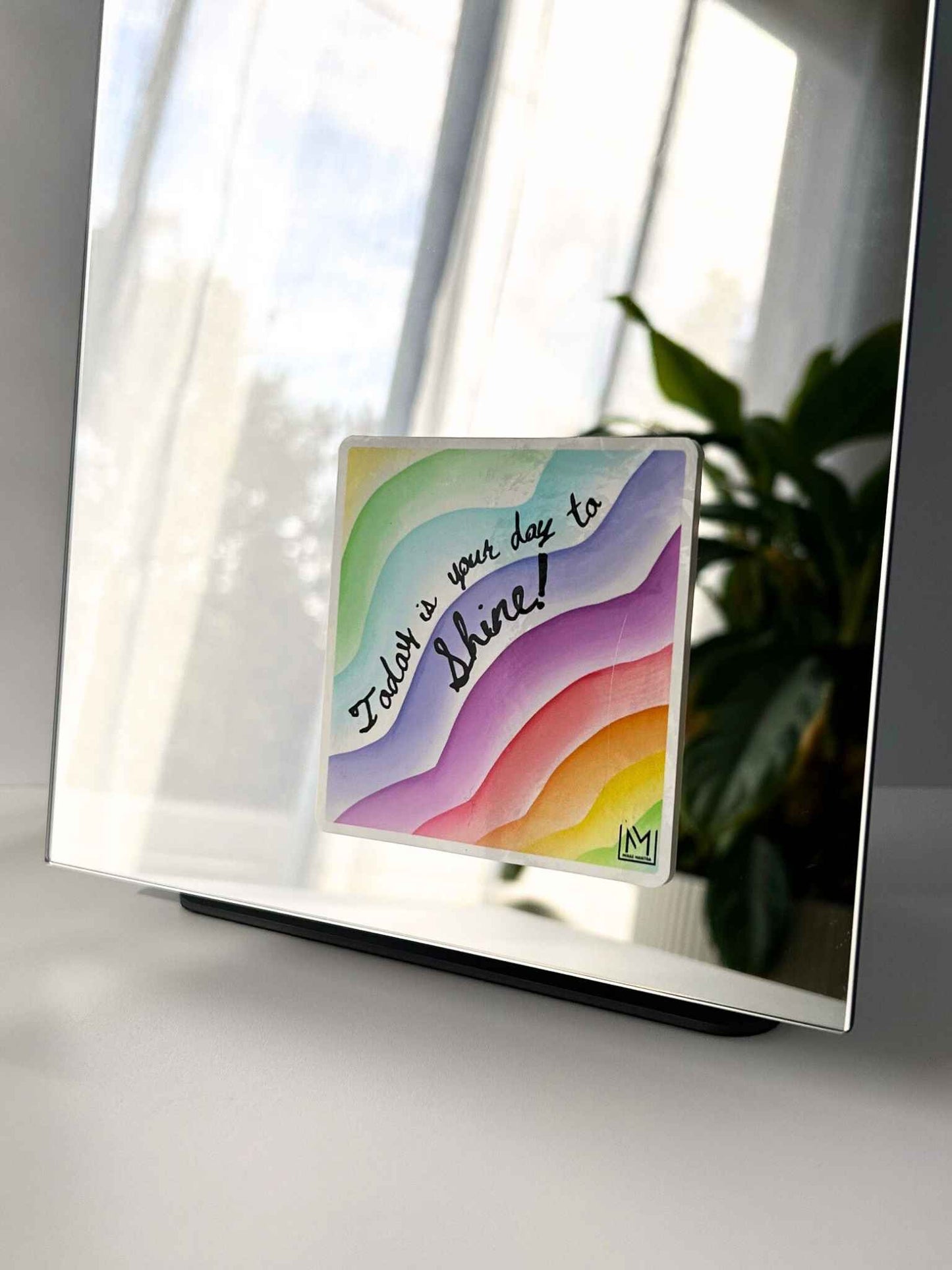 Kids confidence affirmation mirror sticker with rainbow design and the message “Today is your day to shine”