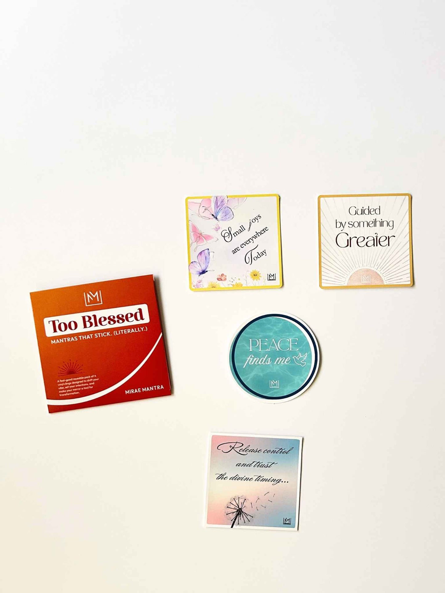 Set of four faith-based mirror affirmations from the Too Blessed Pack with packaging