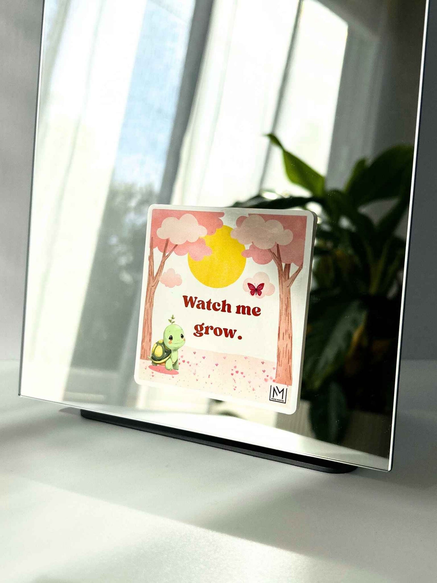 Growth affirmation sticker for kids with a turtle illustration and the phrase “Watch me grow”